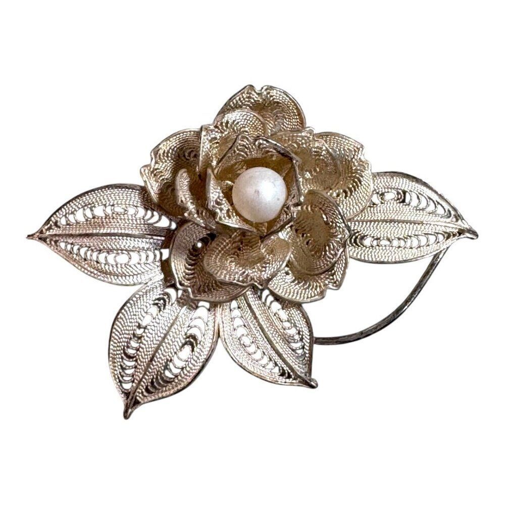 Vintage Silver Filigree Flower Brooch Faux Pearl Statement Pin Floral Jewelry